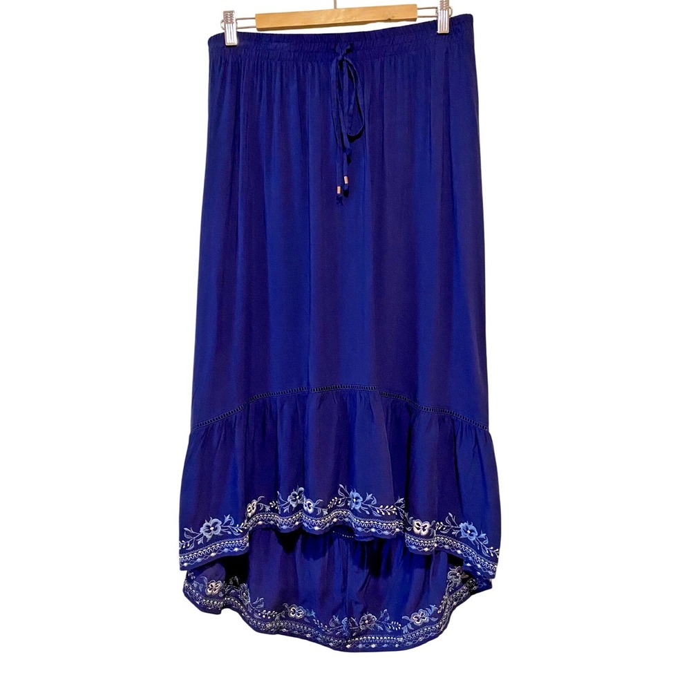 Boho Floral‎ Embroidered Maxi Skirt Blue Hi Lo Hem Size L 12/14 Elastic Pull On